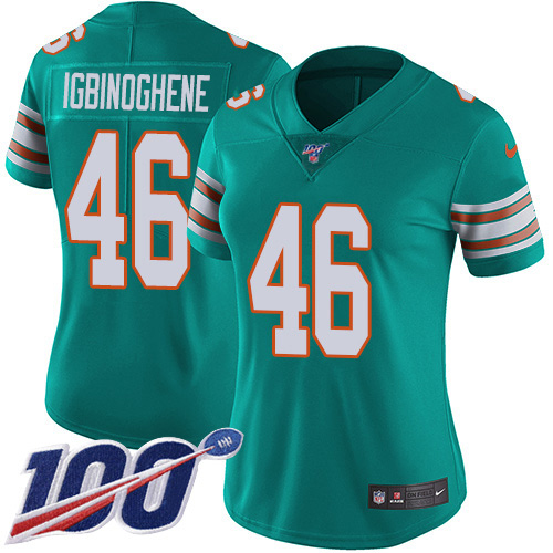 Nike Miami Dolphins 46 Noah Igbinoghene Aqua Green Alternate Women Stitched NFL 100th Season Vapor Untouchable Limited Jersey